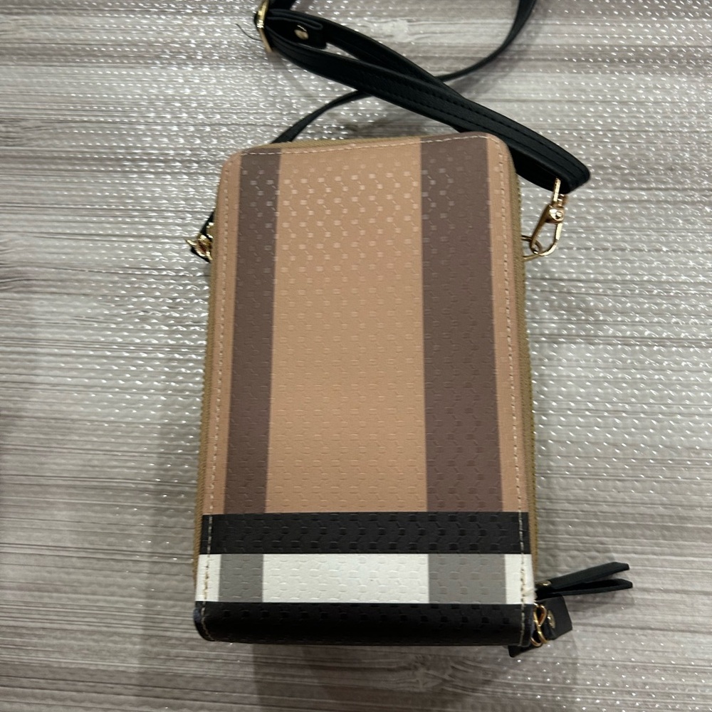 Bee Square Brown Striped Crossbody bag Multiple zip pockets - Picture 8 of 11